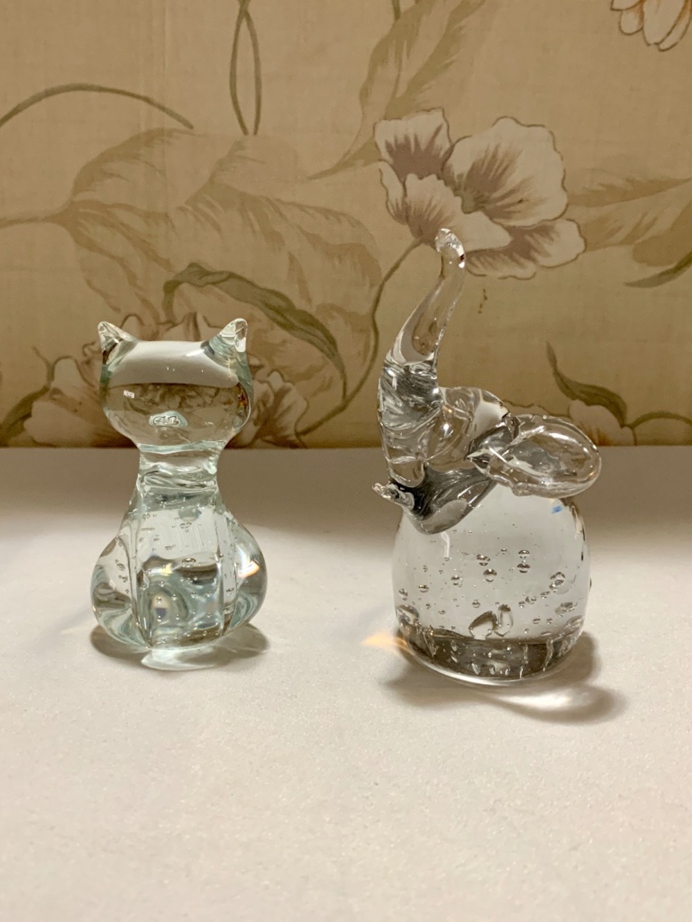 Two (2) Controlled Bubble Clear Glass Paperweights - Elephant and Cat - Taiwan